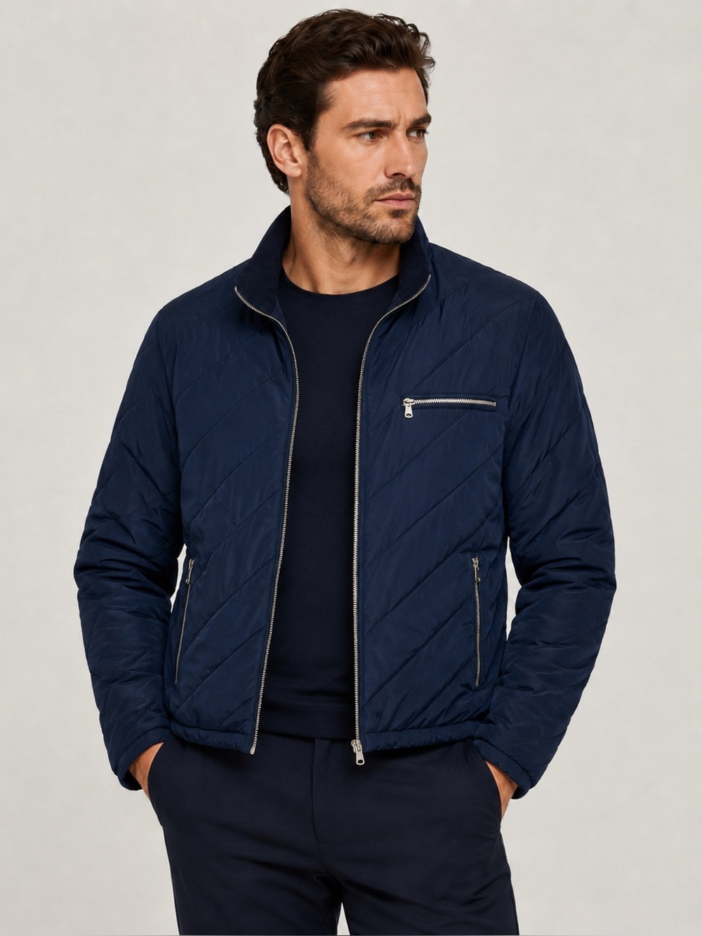 Armani Collezioni Navy Quilted Men’s Bomber Jacket Size 44 XL